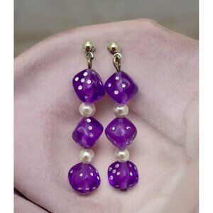 Purple Dice Dangle Earrings Handmade Vintage Beaded Games Gambling Las Vegas
